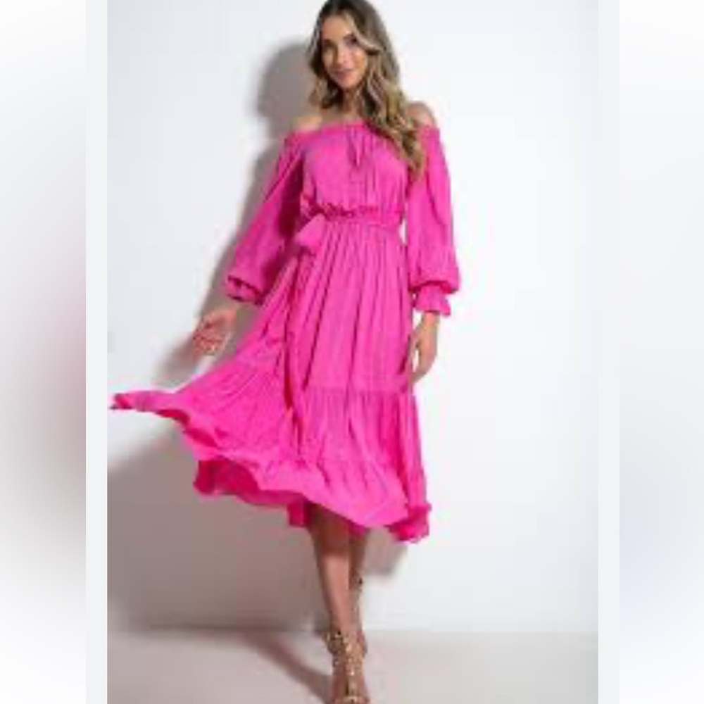 Vici Vibrant Pink Off‎ Shoulder Midi Dress